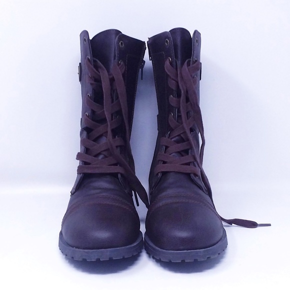 Women' s Brown Lace Up Zip Up Double Buckle Combat Boots - Picture 6 of 13
